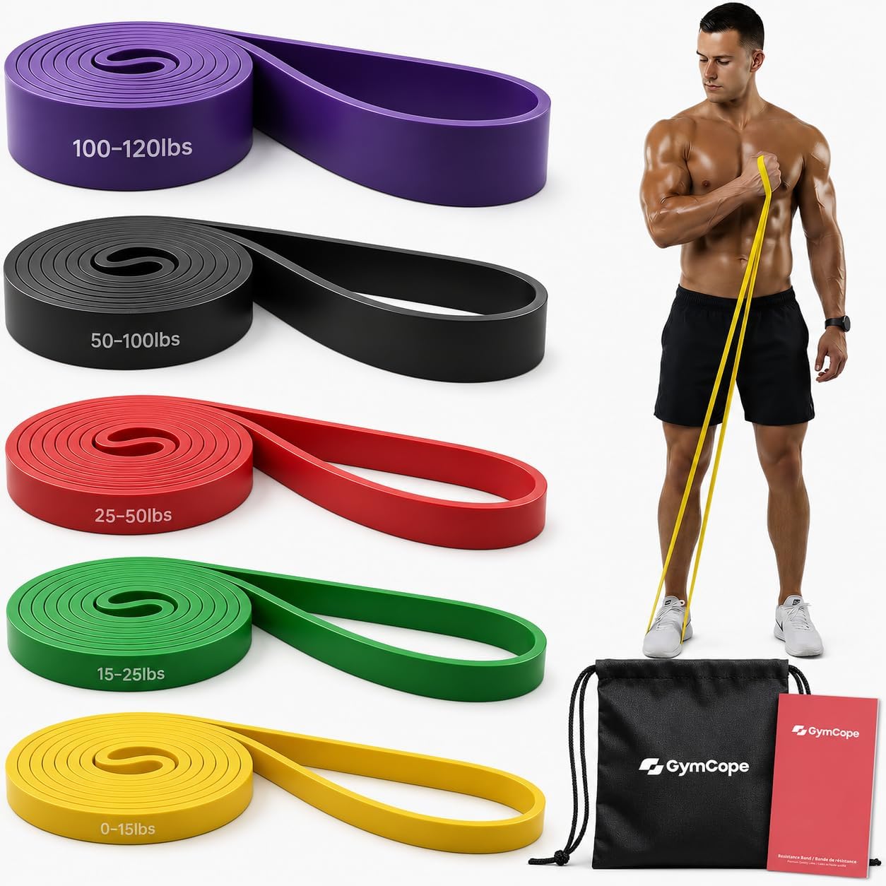 GymCope Pull Up Resistance Bands - Assistance Bands Sets of 3/4/5 for Men & Women, Heavy Duty Workout Exercise Bands for Body Stretching, Muscle Training, Instruction and Carry Bag Included
