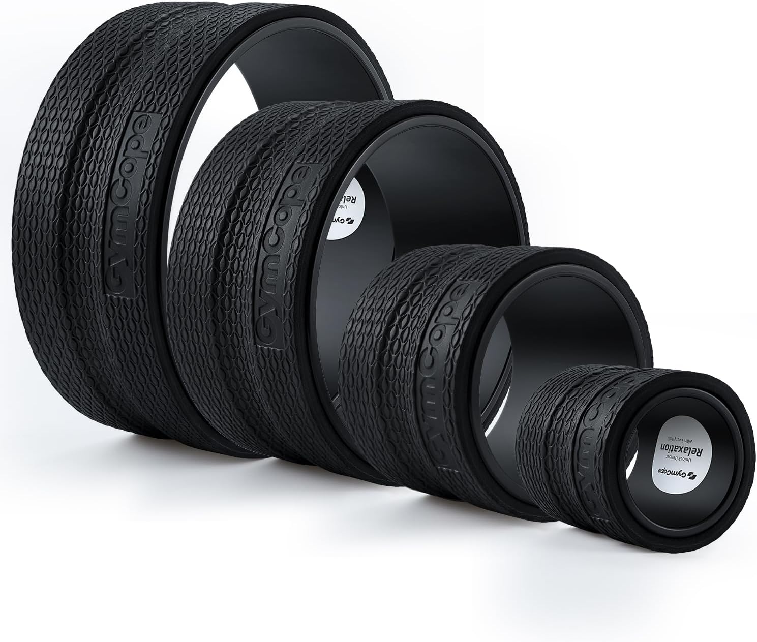GymCope Back Roller Wheel, Spine-Safe Groove for Deep Stretch, 530 lbs | 1/2in sweat-resistant foam over ABS core, 4 sizes 4 to 12in plus 4-pack with 13in, yoga pilates home gym recovery, pvc free