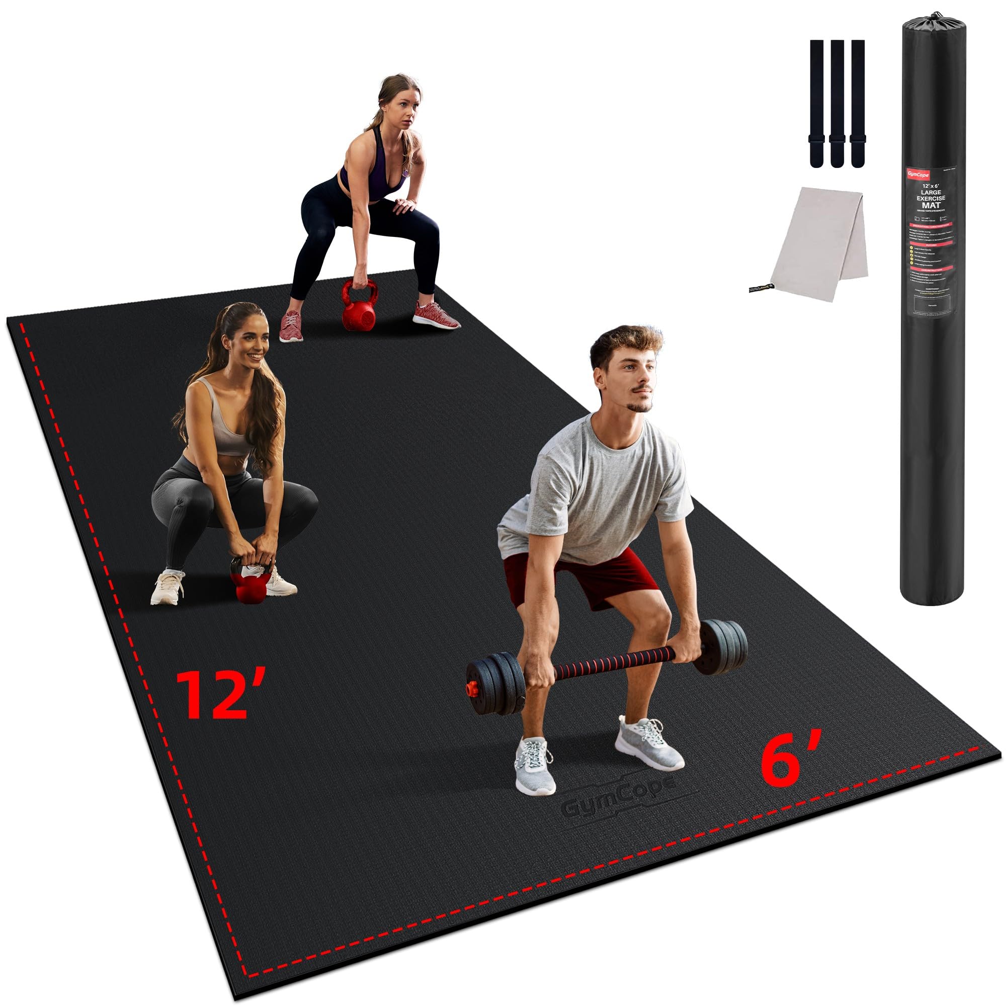 GymCope Large Exercise Mat for Home Workouts, 12x6/10x6/9x6/8x6/7x5/6x4 ft | (7mm) Extra Thick Workout Mat, High-Density Gym Mat for Cardio, Jump Rope, MMA, Weights (Shoe-Friendly)