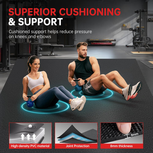 GymCope Extra Large Exercise Mat 10'x6'/9'x6'/8'x6'/7'x5'/6'x4' (8mm) | Thick Workout Mat for Home Gym & Garage Flooring, Shoe-Friendly, High-Density, MMA, HIIT, Weight Lifting, Cardio&Strength