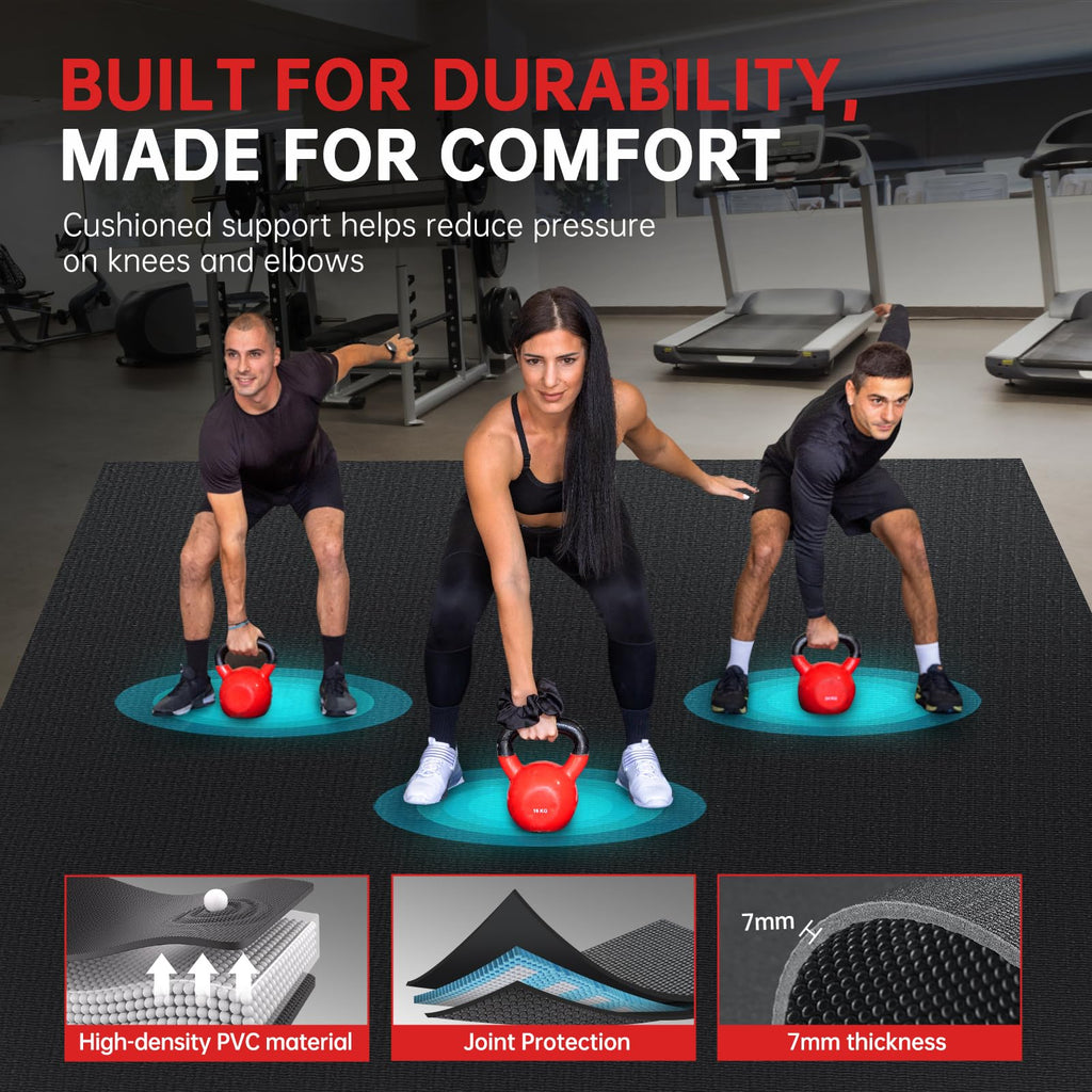 GymCope Large Exercise Mat for Home Workouts, 12x6/10x6/9x6/8x6/7x5/6x4 ft | (7mm) Extra Thick Workout Mat, High-Density Gym Mat for Cardio, Jump Rope, MMA, Weights (Shoe-Friendly)