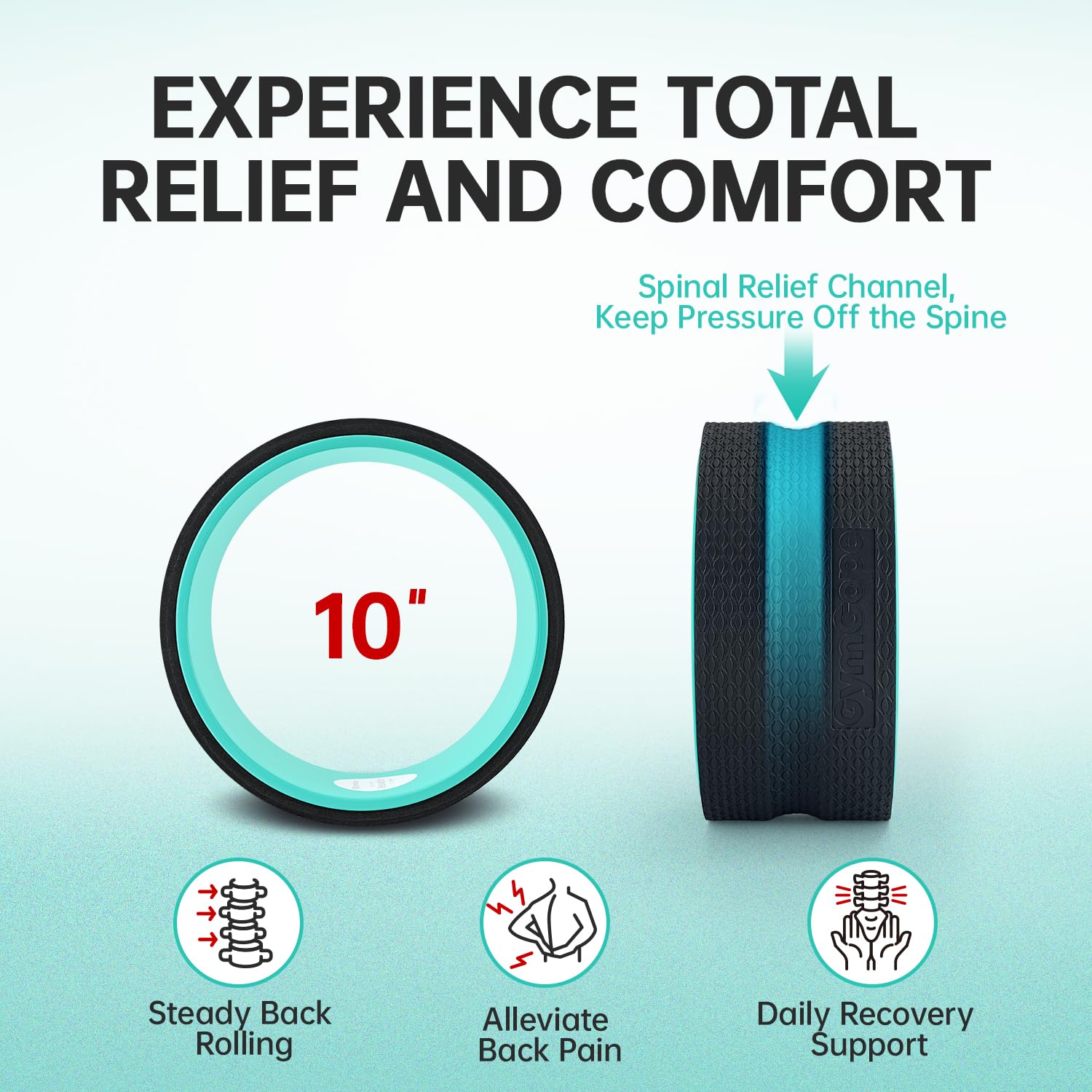 GymCope Back Roller Wheel, Spine-Safe Groove for Deep Stretch, 530 lbs | 1/2in sweat-resistant foam over ABS core, 4 sizes 4 to 12in plus 4-pack with 13in, yoga pilates home gym recovery, pvc free