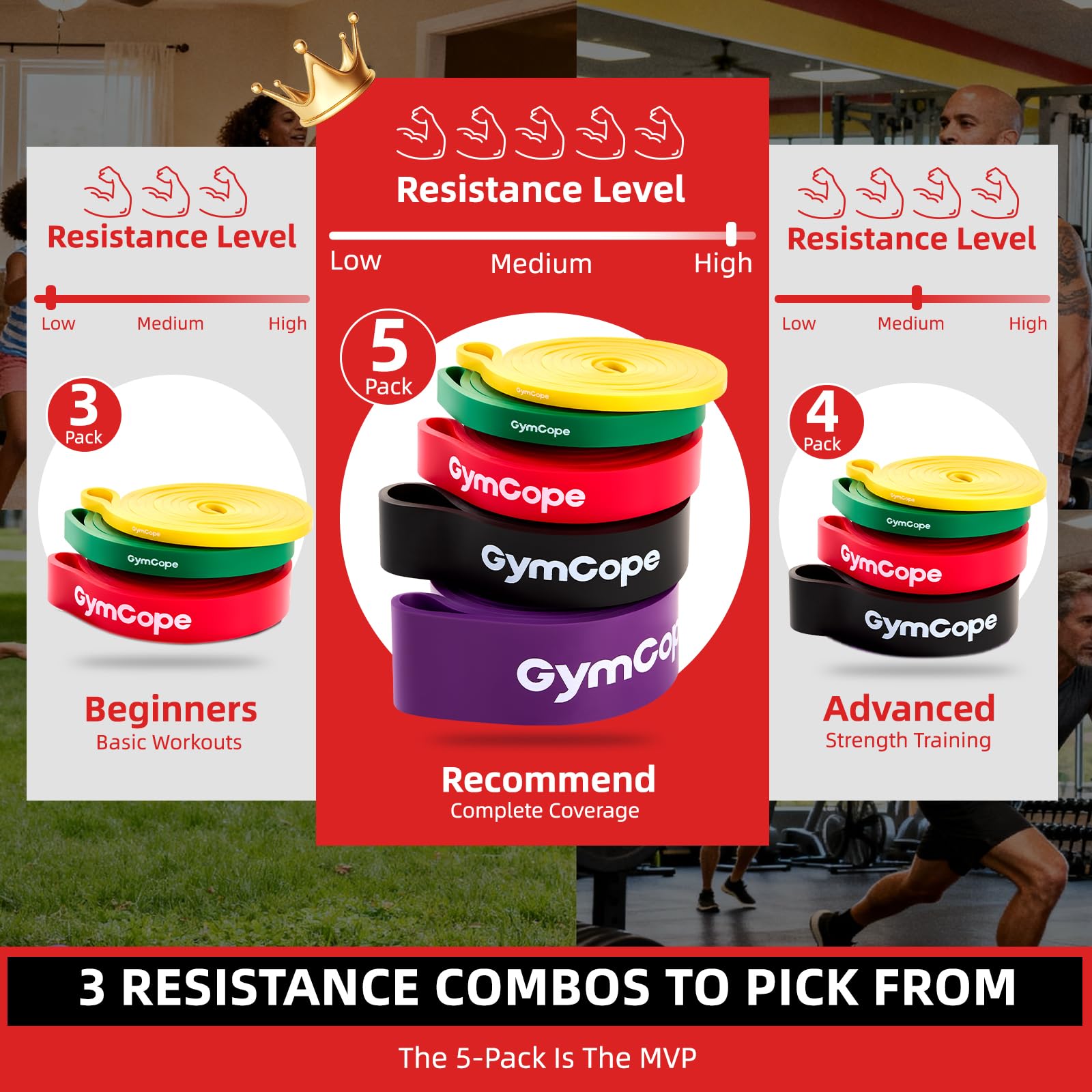 GymCope Pull Up Resistance Bands - Assistance Bands Sets of 3/4/5 for Men & Women, Heavy Duty Workout Exercise Bands for Body Stretching, Muscle Training, Instruction and Carry Bag Included